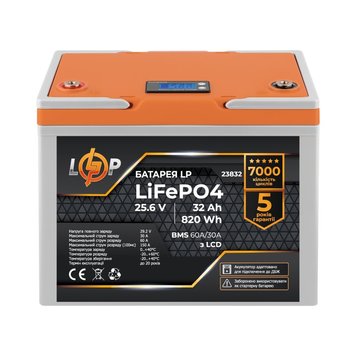 Аккумулятор LP LiFePO4 25,6V - 32 Ah (820Wh) (BMS 60А/30A) пластик LCD для ИБП 23832 фото