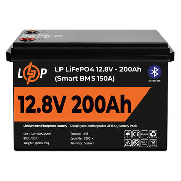 Акумулятор LP LiFePO4 12V (12,8V) - 200 Ah (2560Wh) (Smart BMS 150А) з BT пластик для ДБЖ 20198 фото